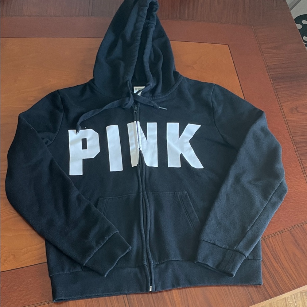 PINK Victoria's Secret Black Zip Front Hoodie with White Logo